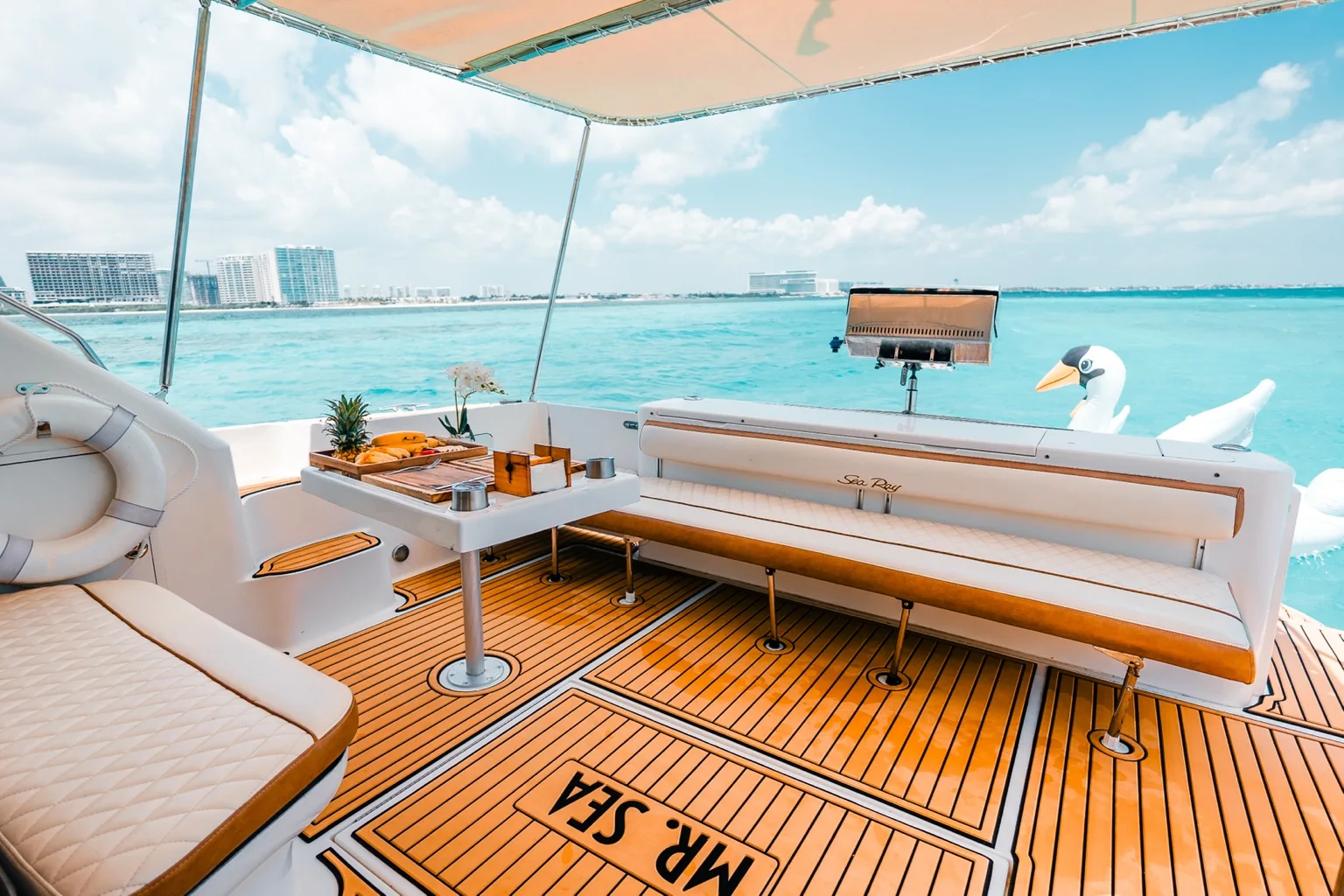 Yacht social area overlooking the sea in Cancun